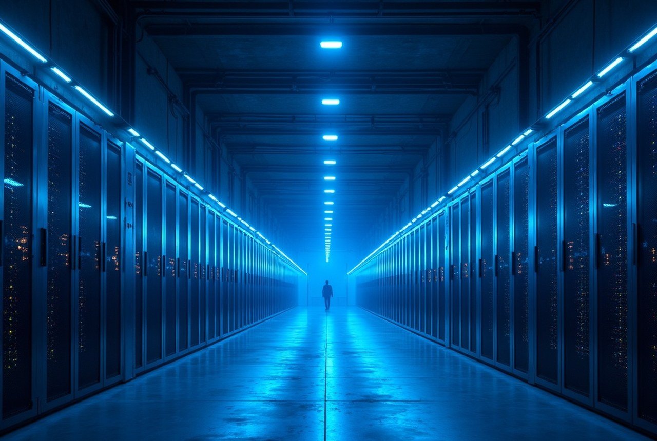 Entrance of a mid-tier colocation facility — bollards, mantrap doors and badge readers under a concrete canopy