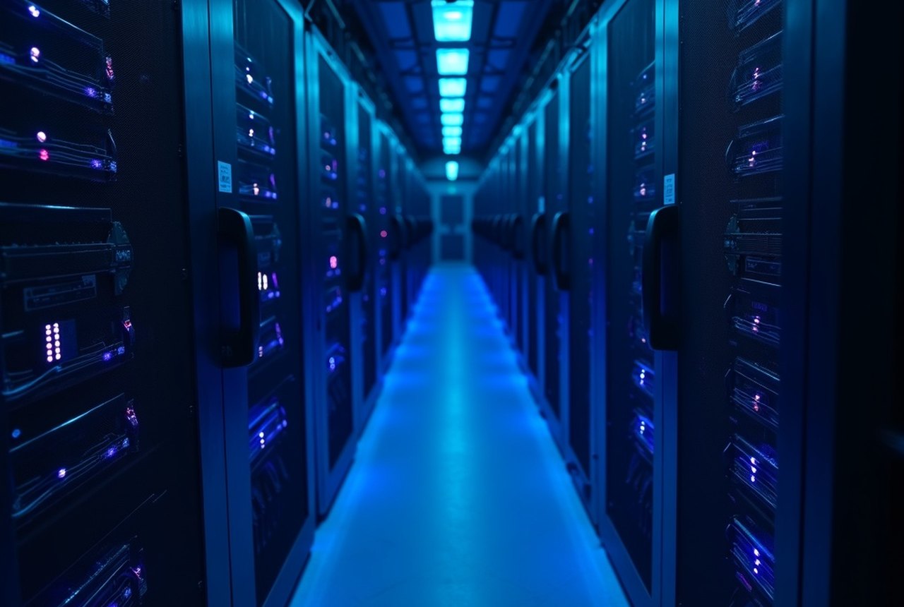 Close-up of InfiniBand cabling between cluster nodes, connectors catching cold blue light