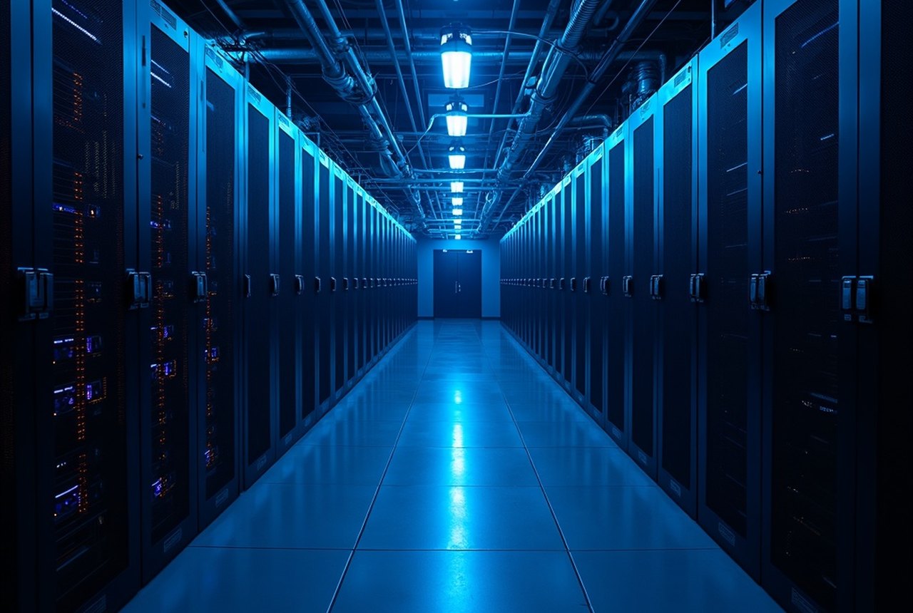Redundant power distribution room — twin UPS strings and switchgear in mirrored symmetry