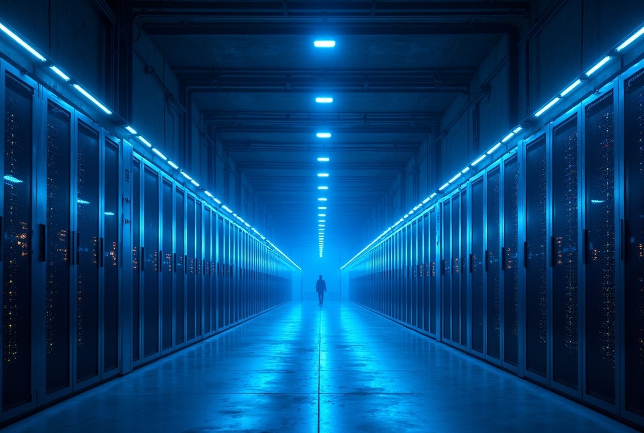 Entrance of a mid-tier colocation facility — bollards, mantrap doors and badge readers under a concrete canopy