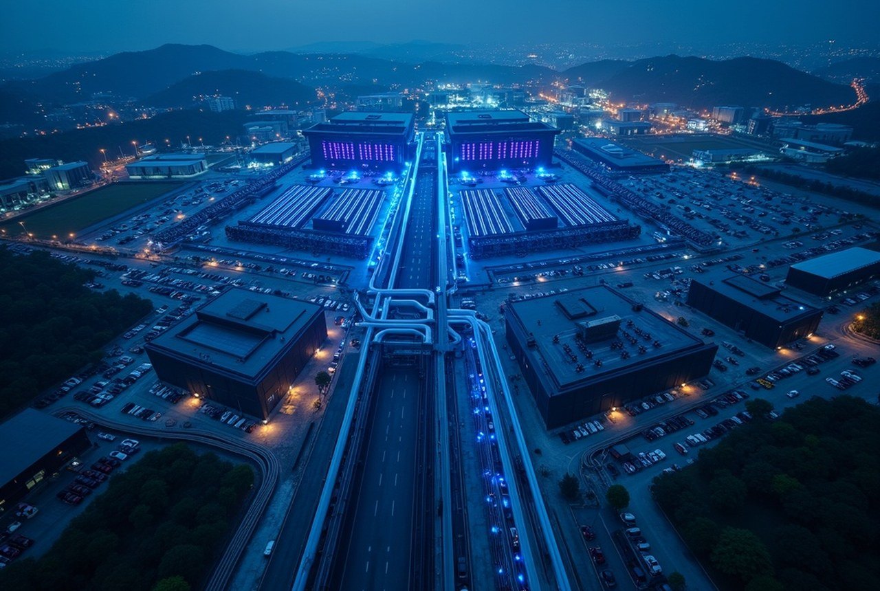 Aerial photograph of a hyperscale campus — multiple halls, cooling plant, substation and parking mapped out like a circuit board