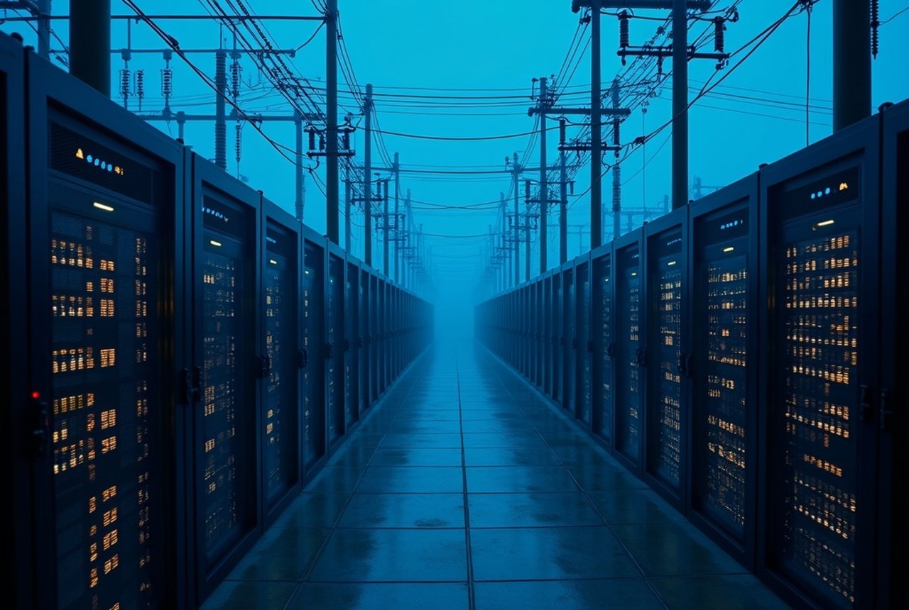 Electrical substation dedicated to a data-center campus, transformer yard in morning haze