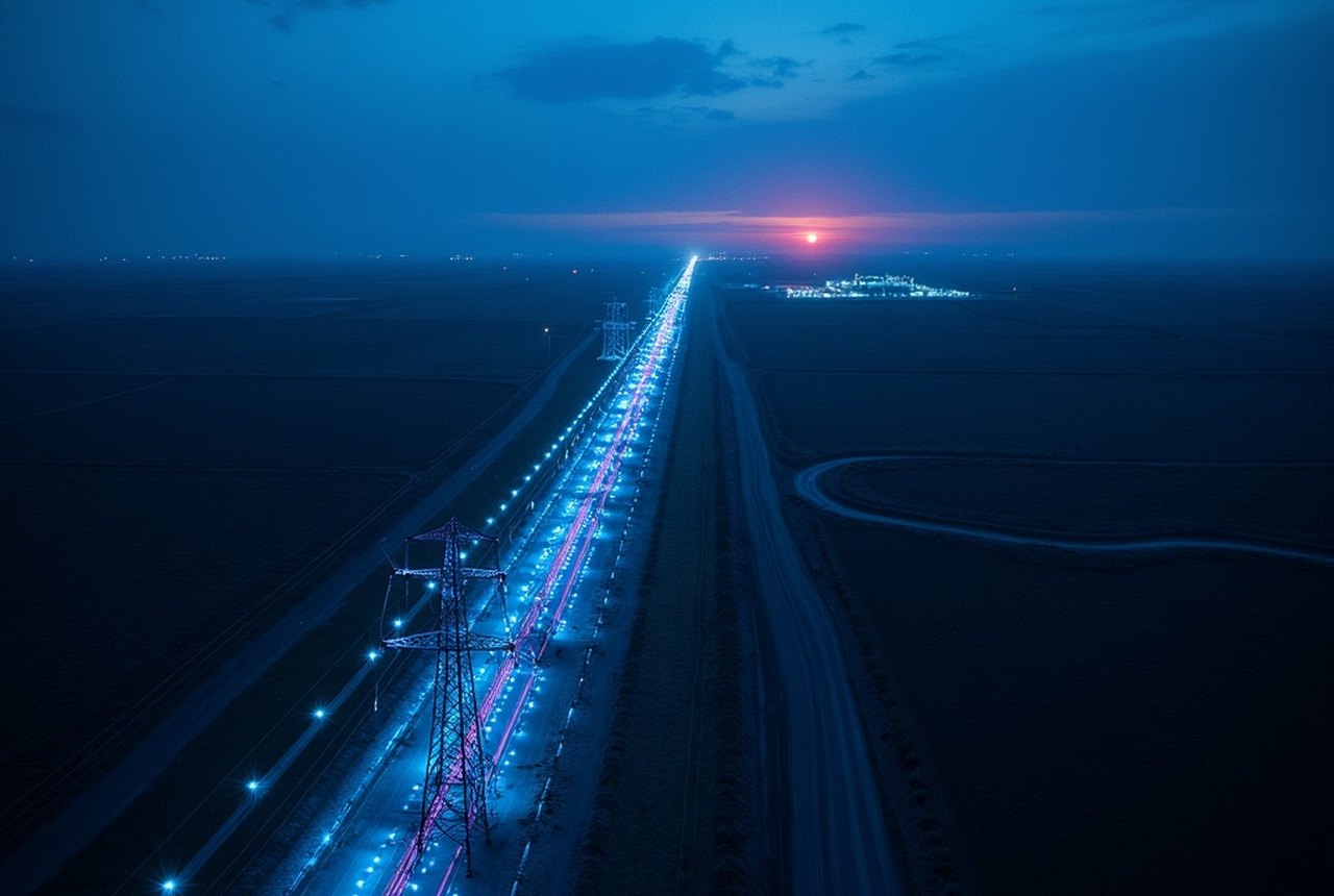 High-voltage transmission corridor crossing open rangeland toward a distant data-center site