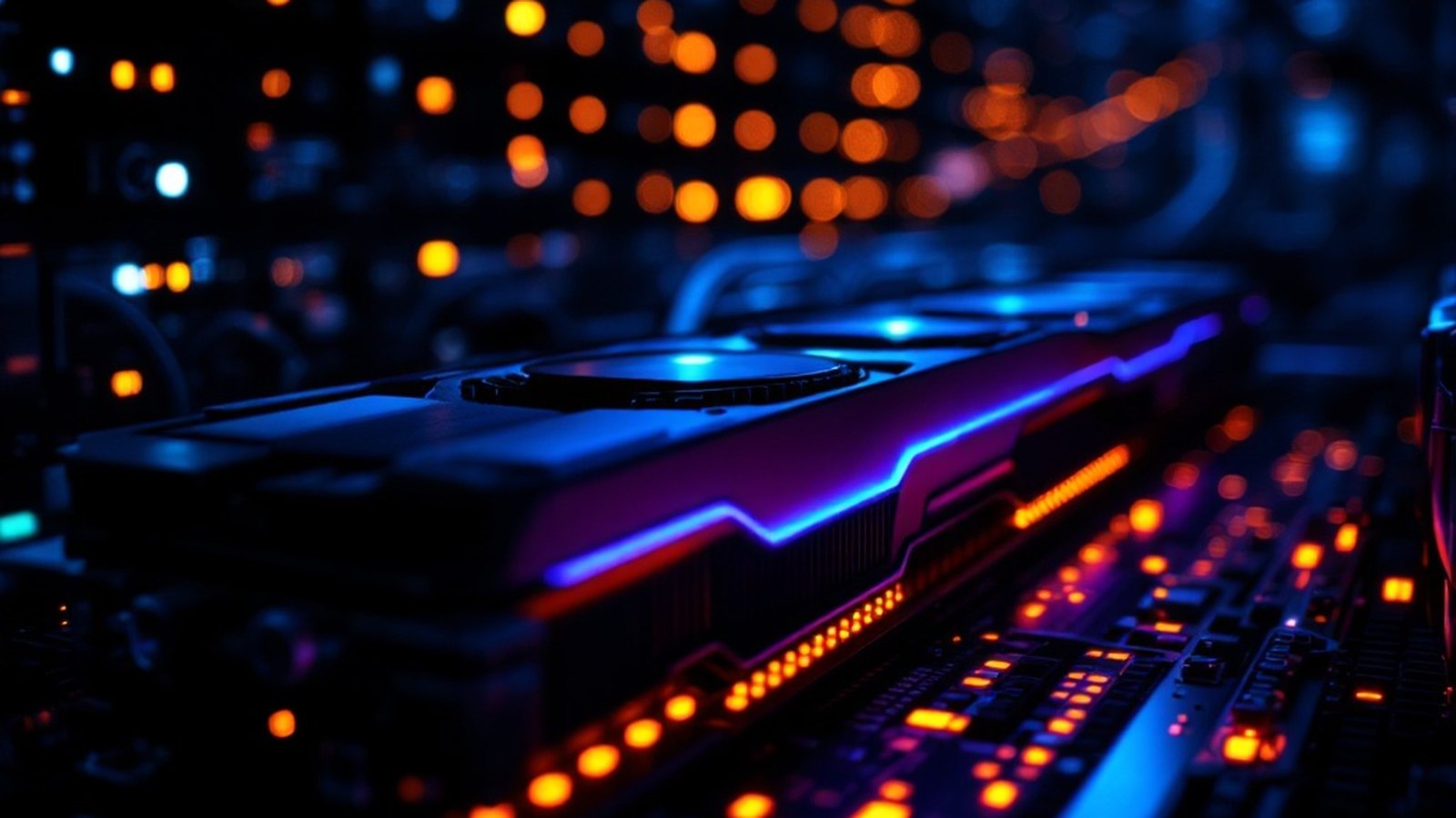 Extreme close-up of a GPU accelerator module on a server tray, heat-spreader and HBM stacks visible, lit by cool blue service light