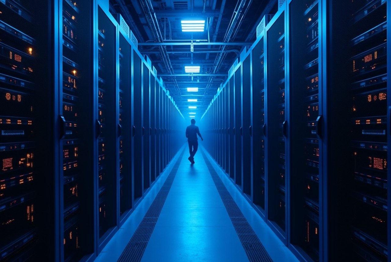 Interior row of AI server racks with liquid-cooling manifolds overhead and dense fibre looms dressed down the aisle