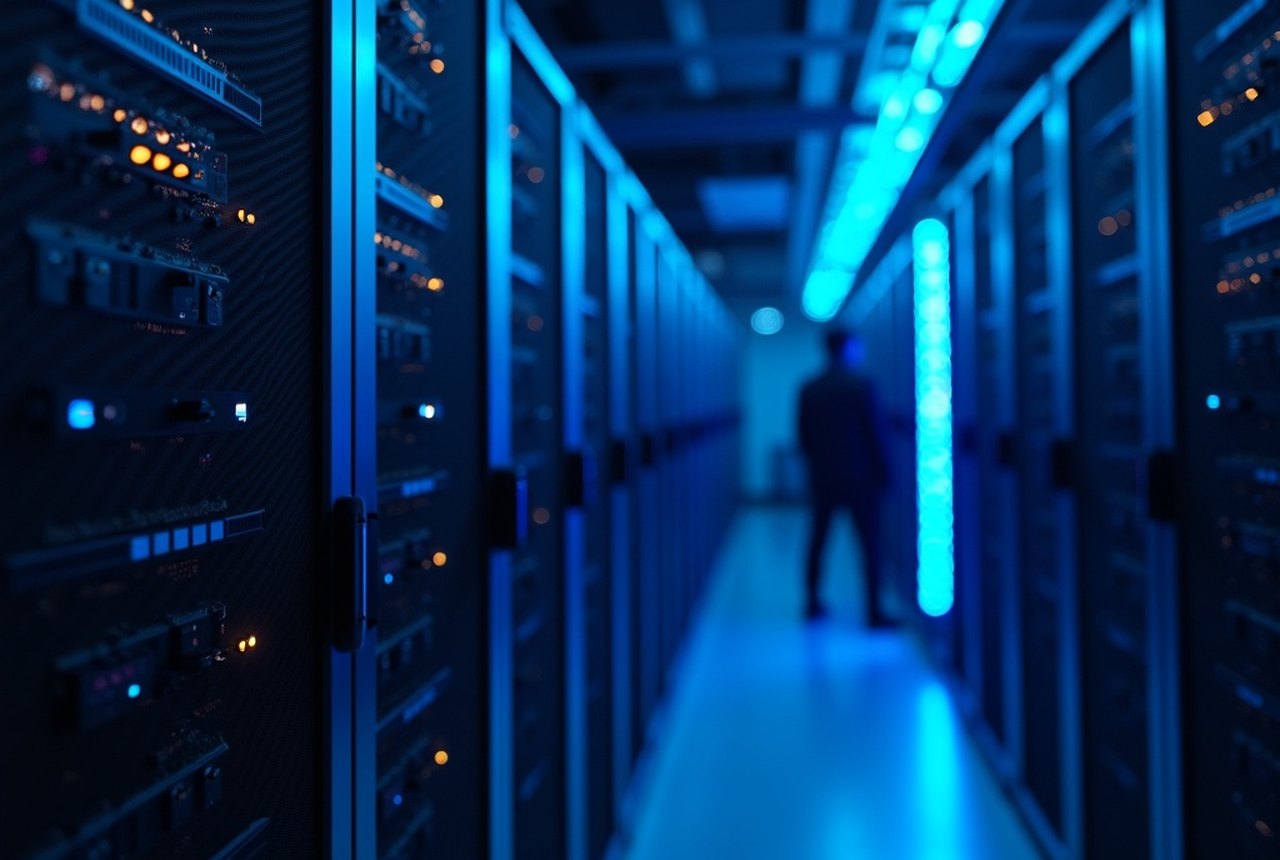 Open AI compute node on a service cart — eight accelerator modules, NIC ports and NVMe drives visible under service lighting