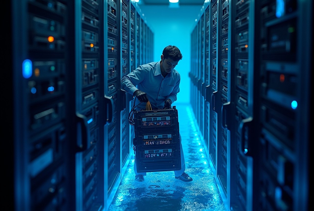 Technician lifting a server tray from an open immersion tank, dielectric fluid sheeting off the chassis