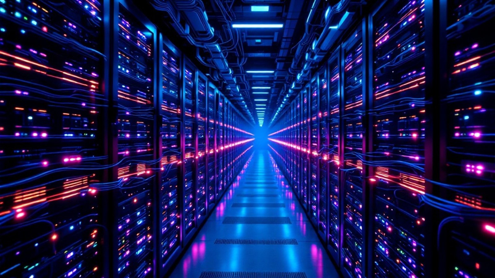 Dense bundles of high-speed network cabling between top-of-rack switches, harnessed into sweeping curves