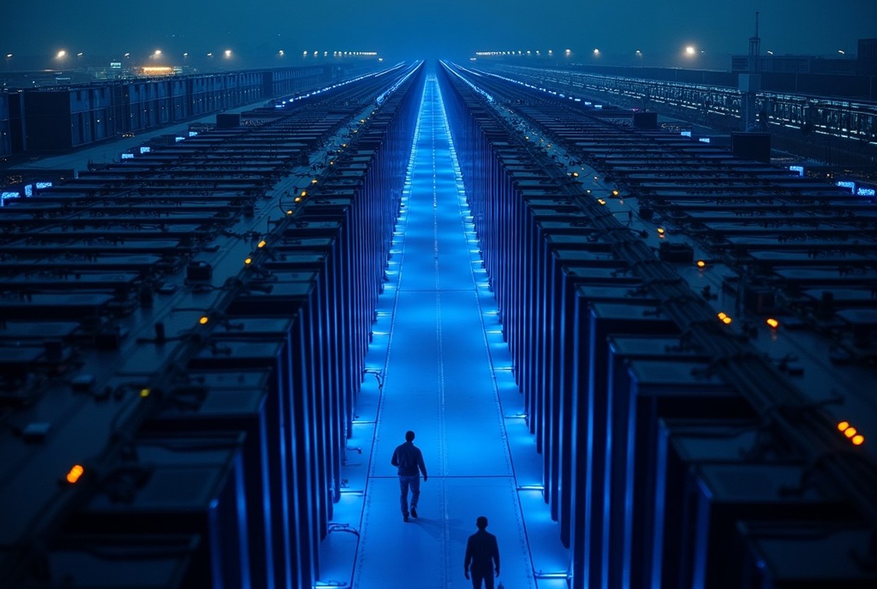 Aerial view of a multi-building carrier-neutral colocation campus, nine identical halls in ordered rows