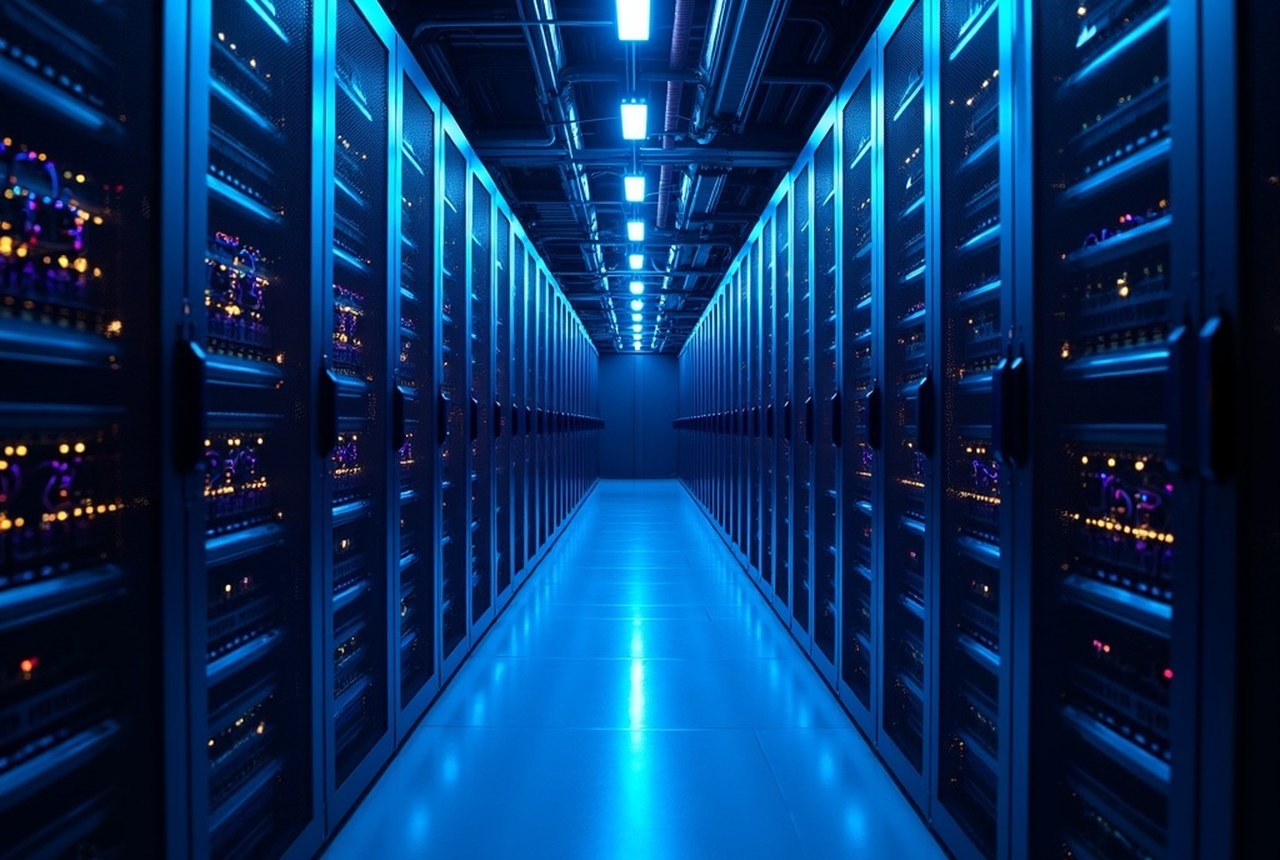 High-density GPU rack with liquid-cooling manifolds and meticulously dressed cabling, photographed straight-on like architecture