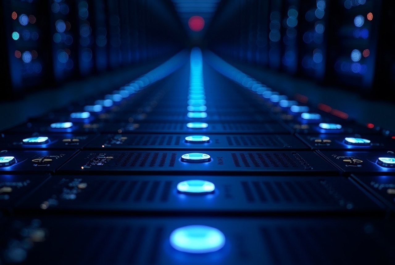 A modern NVMe SSD array photographed square-on, service handles and status LEDs in tidy rows