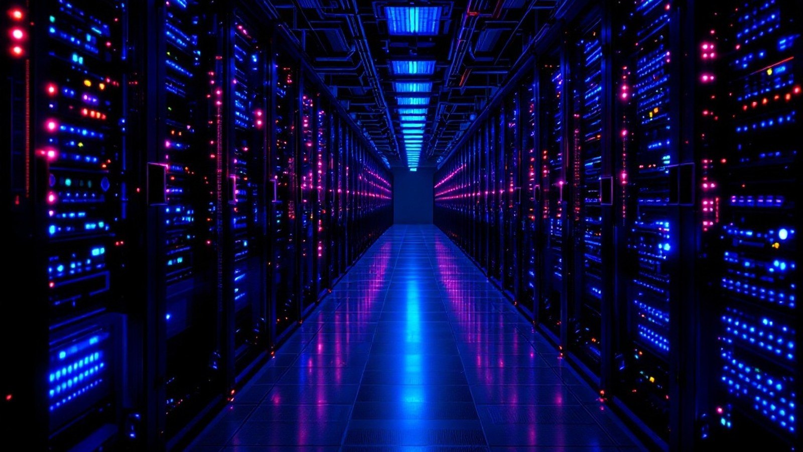 Row of high-density GPU racks with liquid-cooling infrastructure receding into darkness, single service light at the far end