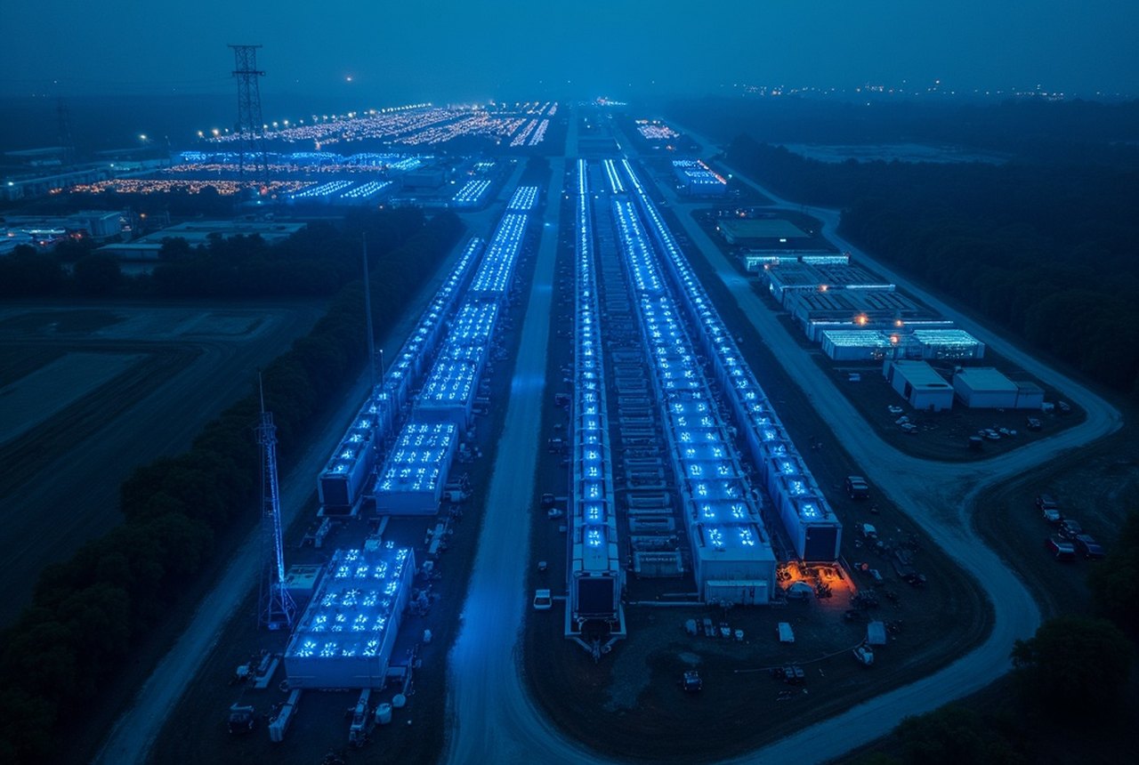 Aerial view of a utility substation and transmission corridor under construction beside a data-center site