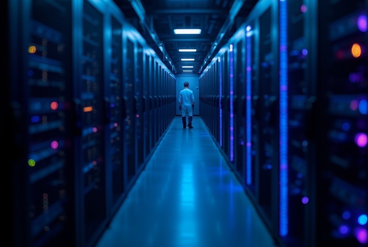 Macro photograph of a modern AI accelerator package — die and HBM stacks visible, iridescent under lab lighting