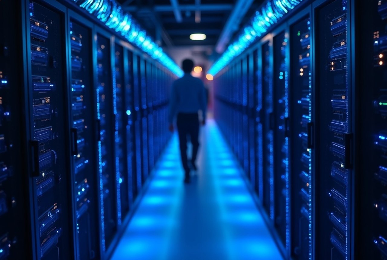 Cold plates and quick-disconnect liquid couplings installed across a row of GPU packages inside an open server