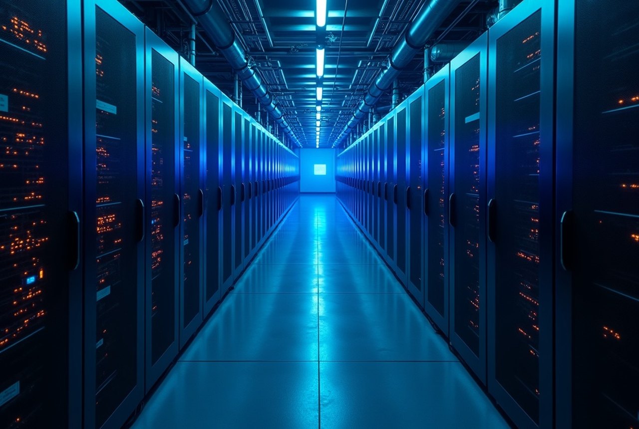 High-voltage substation and transmission towers immediately adjacent to a new data-center hall